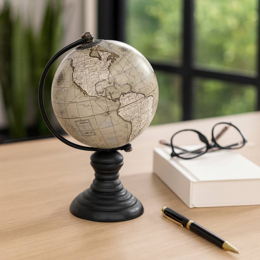 Decorative Globe - Black/Green Wood World Map Design, 7 in.