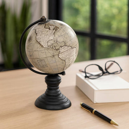 Decorative Globe - Black/Green Wood World Map Design, 7 in.