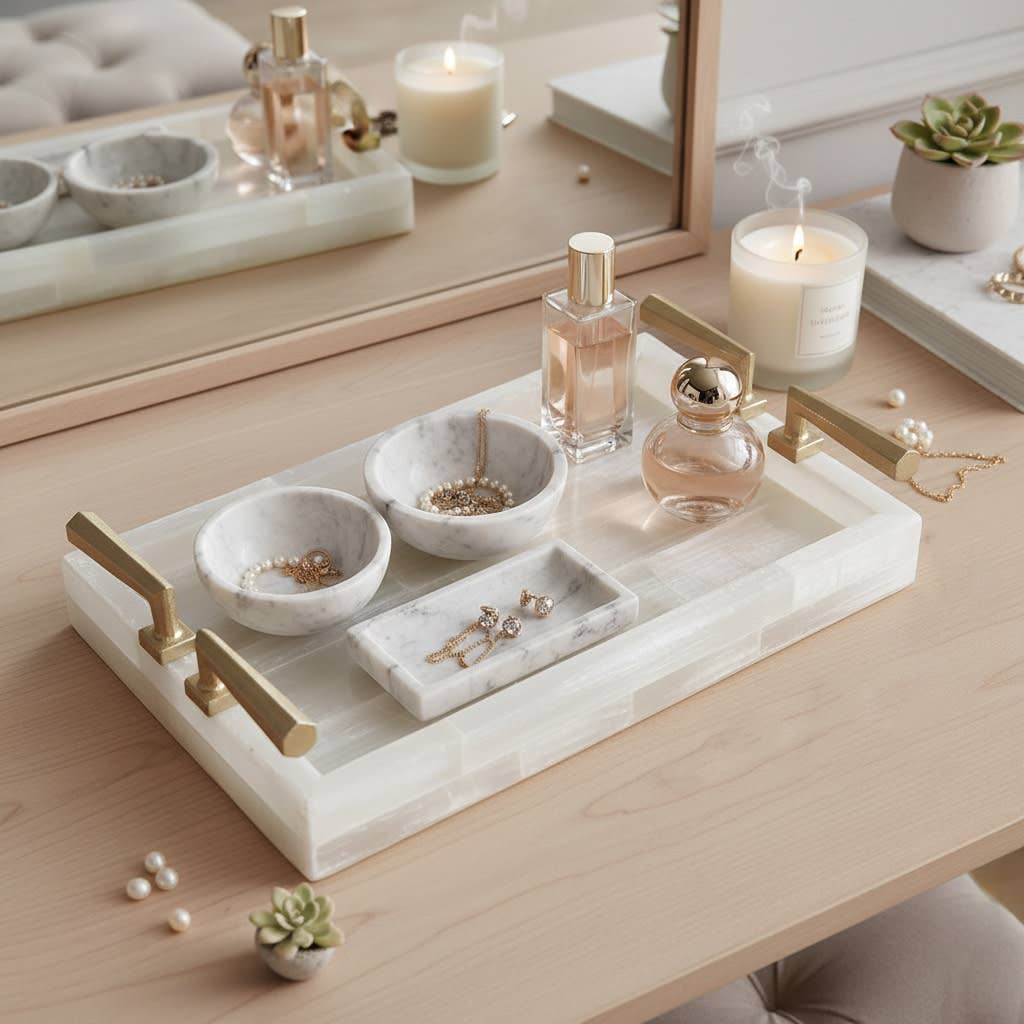 Decorative Tray - Gold & White Selenite Stone, 14 in.