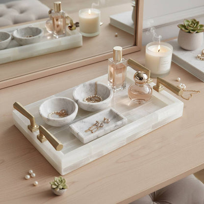 Decorative Tray - Gold & White Selenite Stone, 14 in.
