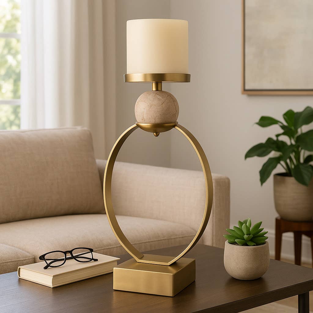Candle Holder - Gold Metal with Marble Sphere, 26 in.