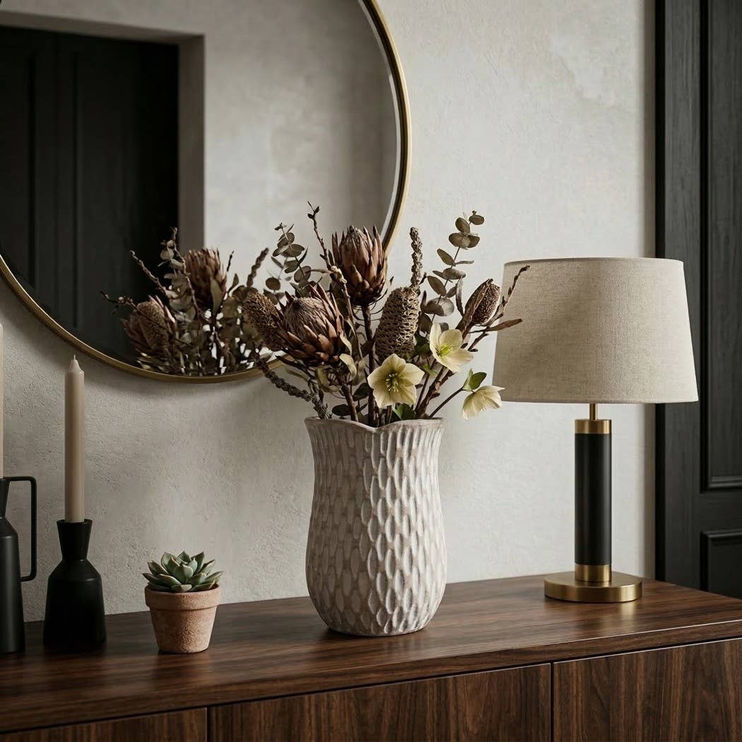 Decorative Vase - Ivory Ceramic Textured Patterned, 12 in.