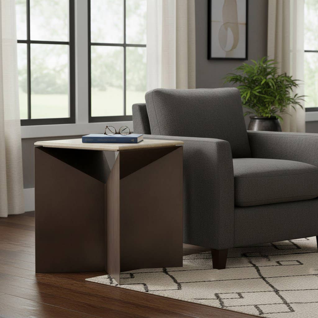 Side Table - Ivory/Black Metal Stone Sculptural Base, 25 in.