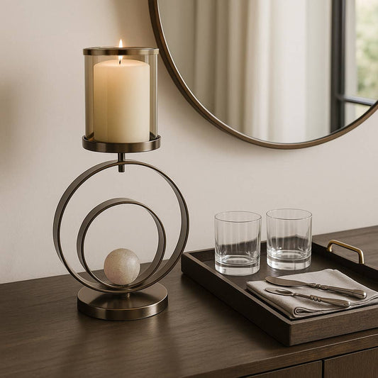 Candle Holder - Bronze Metal Glass Small Hurricane, 22 in.