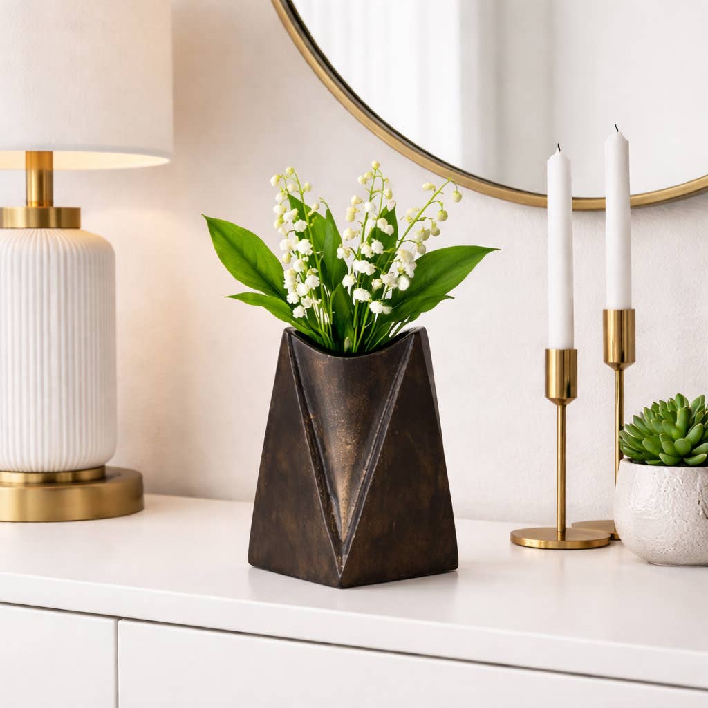Decorative Vase - Gunmetal Metal Small V-Shaped Front, 8 in.