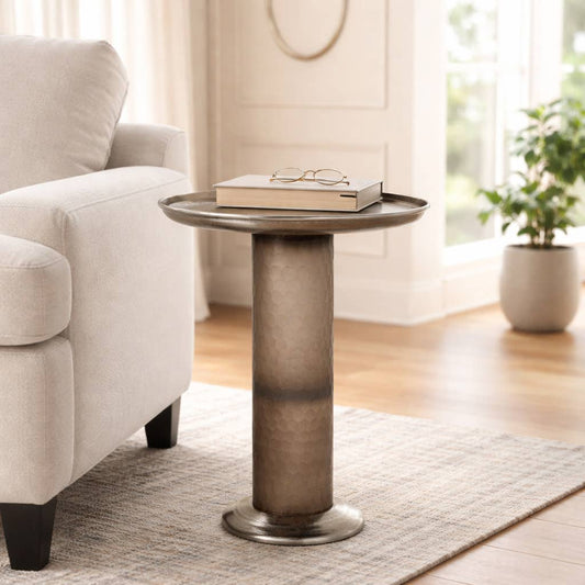 Side Table - Gold Glass Metal Textured Pedestal Base, 21 in.