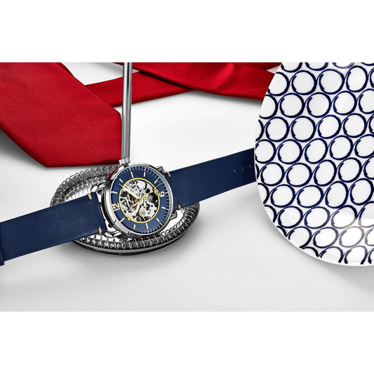 Stuhrling Original Mantra 3972 Men's Automatic Skeleton Watch, 42mm, Blue Dial, Silver Bezel