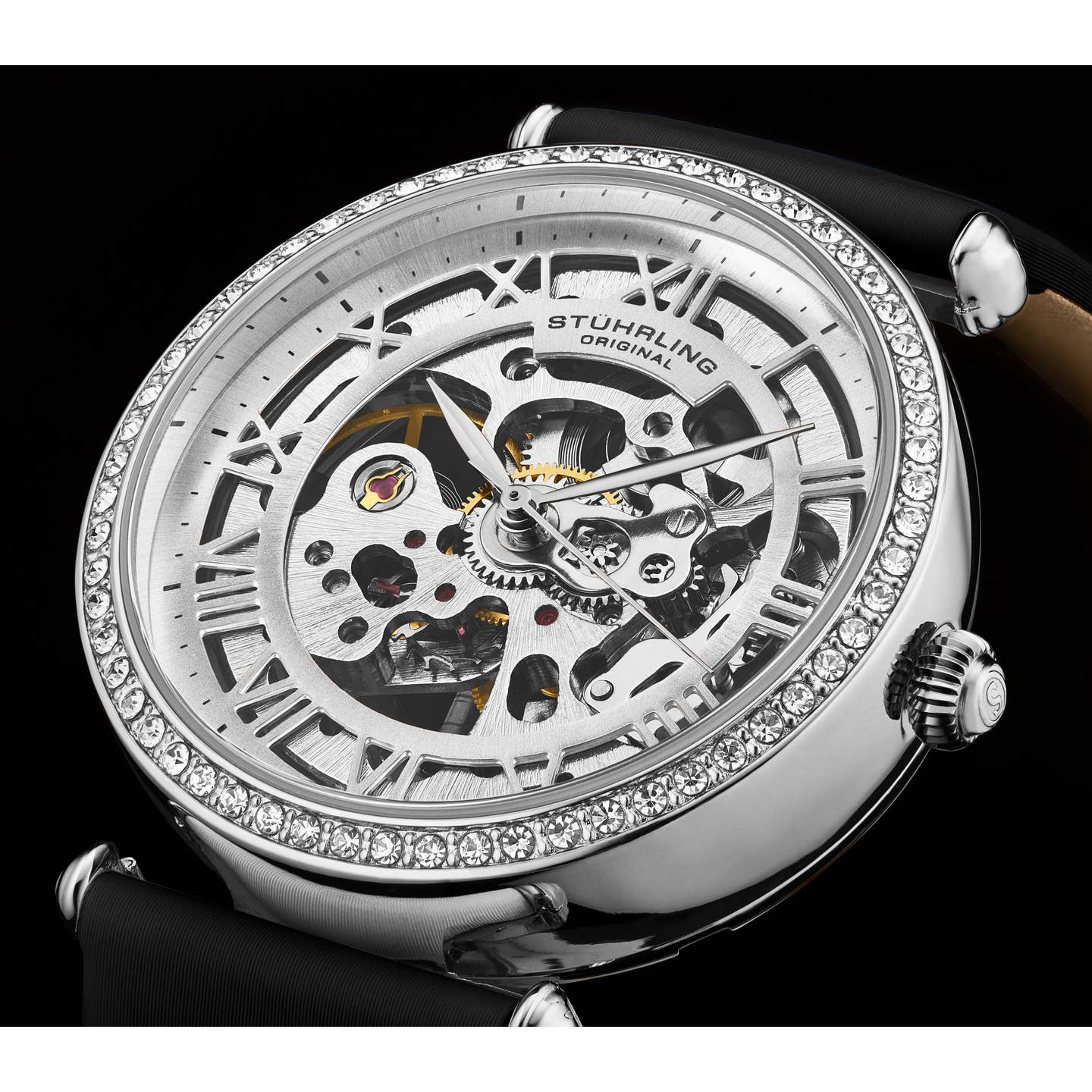 Stuhrling Original Luxe 4022 Women's Automatic Watch, 38mm, Black Leather Strap, Skeleton Dial
