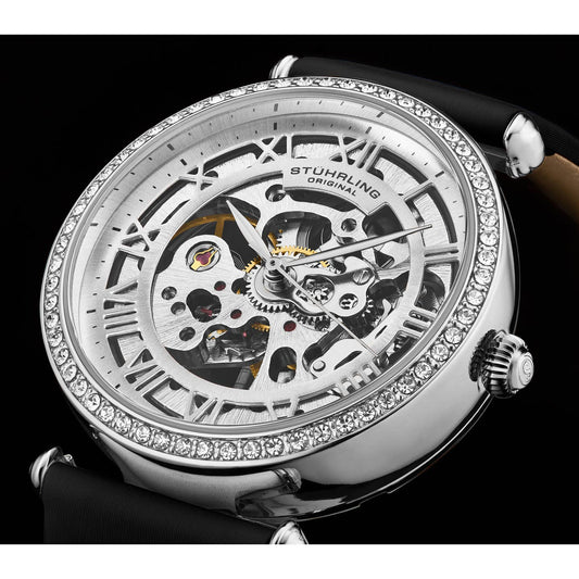 Stuhrling Original Luxe 4022 Women's Automatic Watch, 38mm, Black Leather Strap, Skeleton Dial