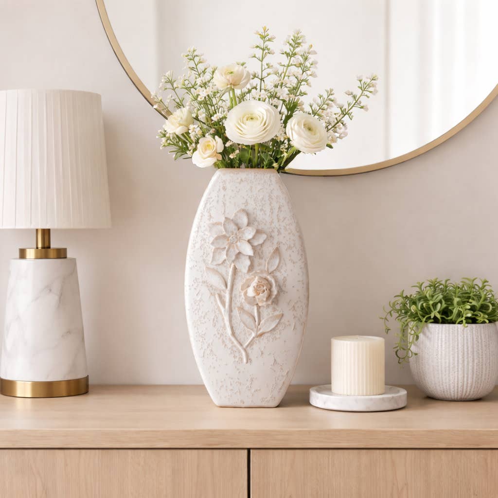 Decorative Vase - White Ceramic Textured Detailing, 18 in.