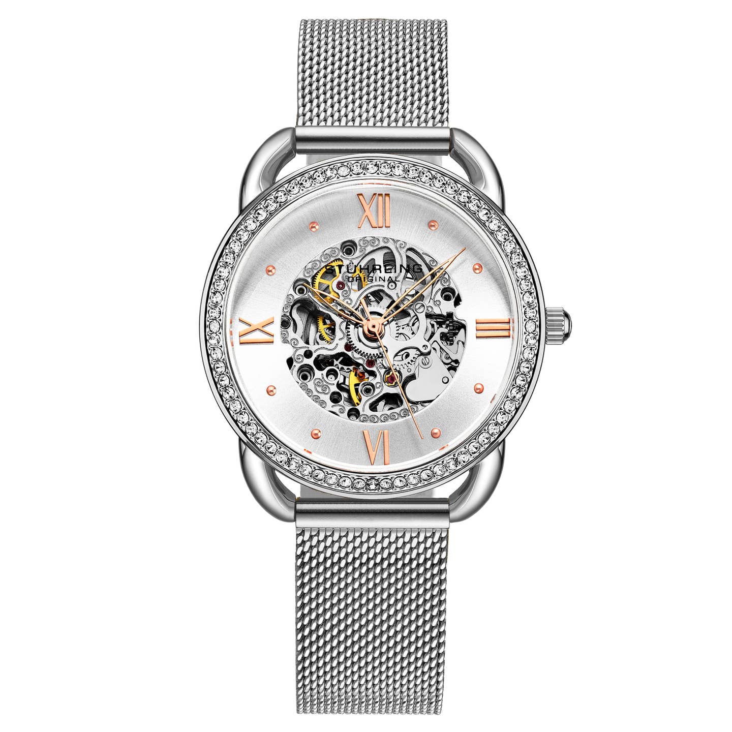 Stuhrling Original Model 3991M Women's Automatic Watch, 36mm, Silver Dial, Silver-Tone Mesh Bracelet, Skeleton Dial