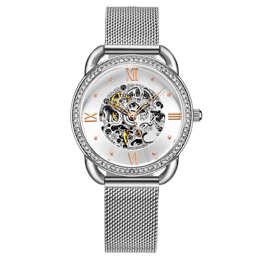 Stuhrling Original Model 3991M Women's Automatic Watch, 36mm, Silver Dial, Silver-Tone Mesh Bracelet, Skeleton Dial