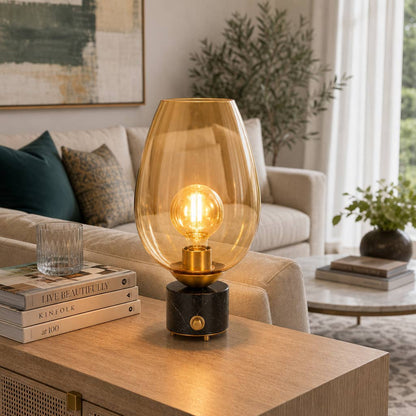 Table Lamp - Gold Glass Shade and Marble Base, 16 in.