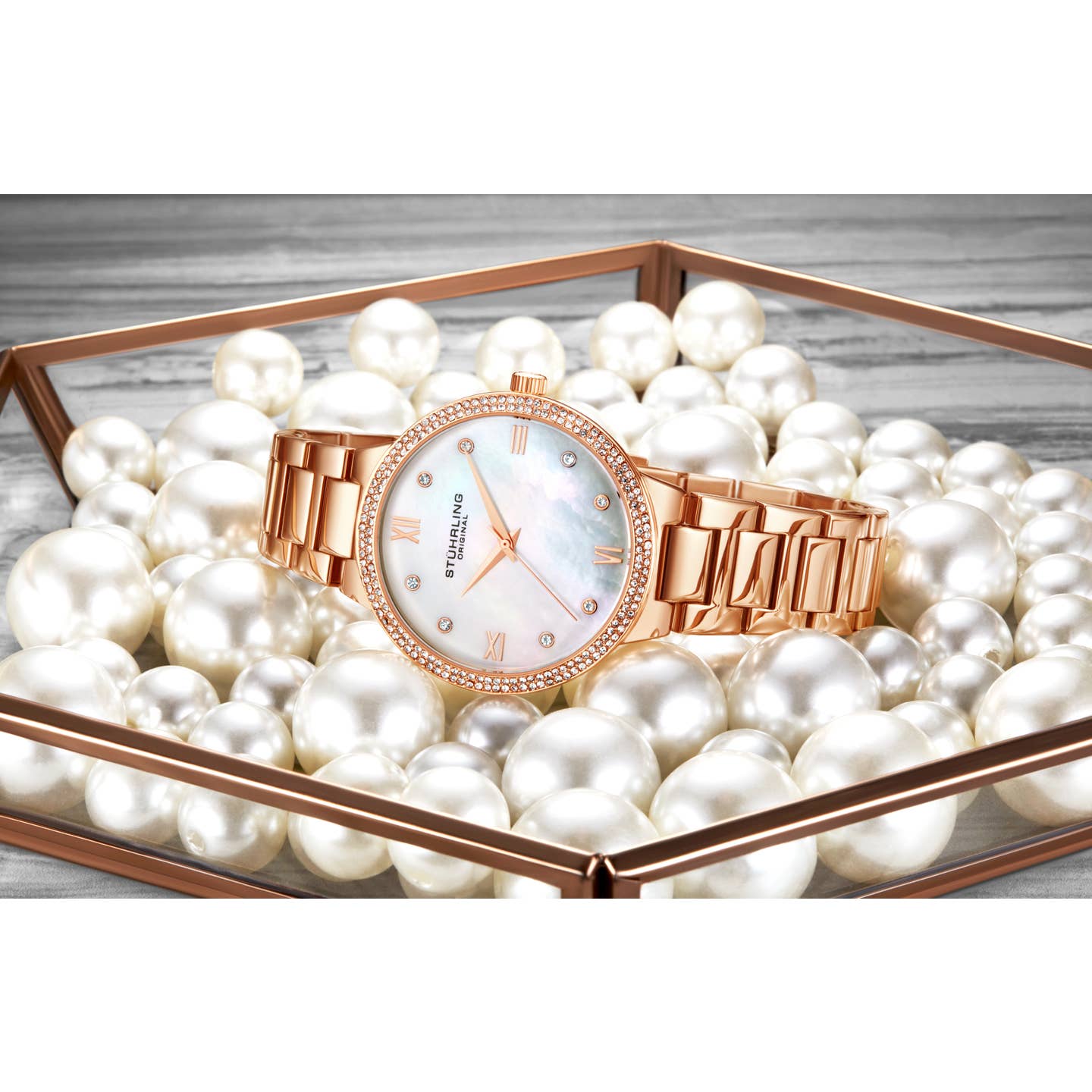 Stuhrling Original Carrara 3907 Women's Quartz Watch, 38mm, Silver Mother-of-Pearl Dial, Silver-Tone Stainless Steel Bracelet, Crystal-Accented Bezel