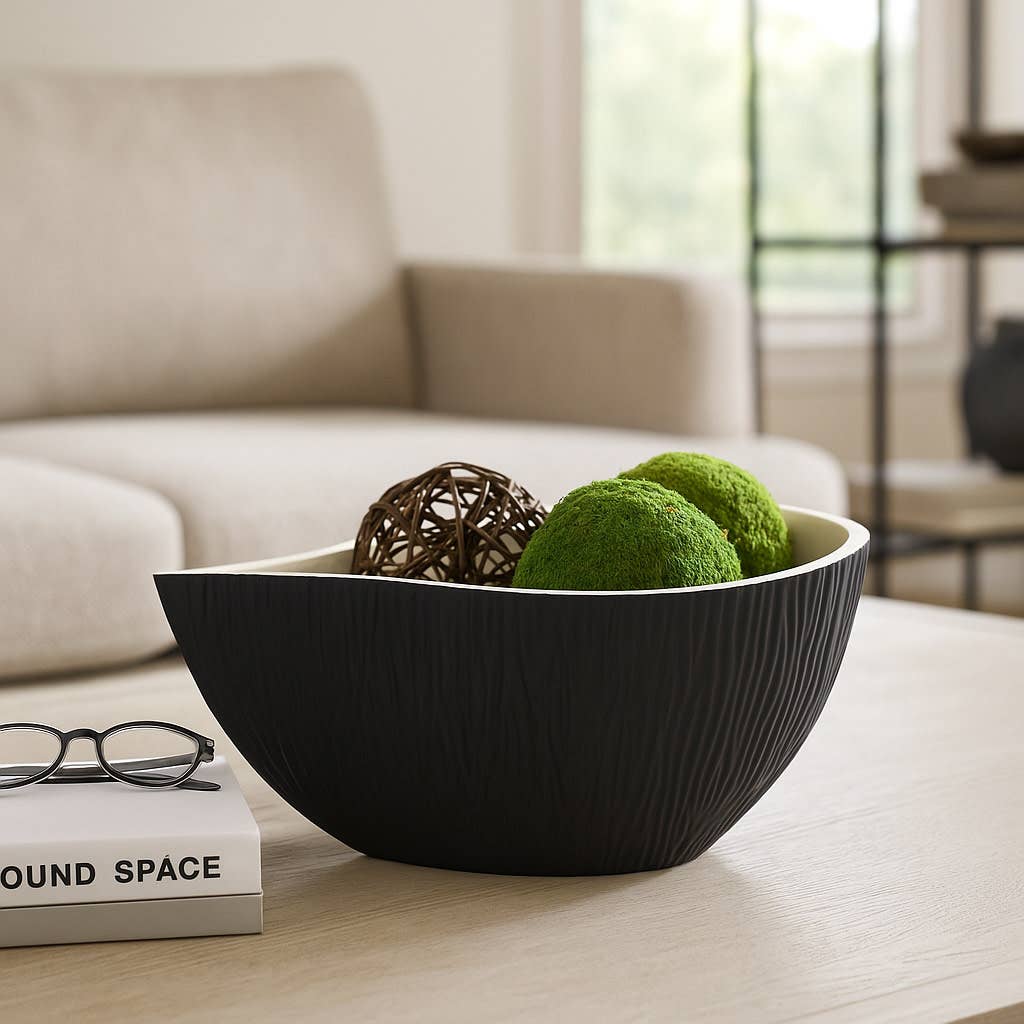 Bowl - Black/White Porcelain Teardrop Textured, 14 in.