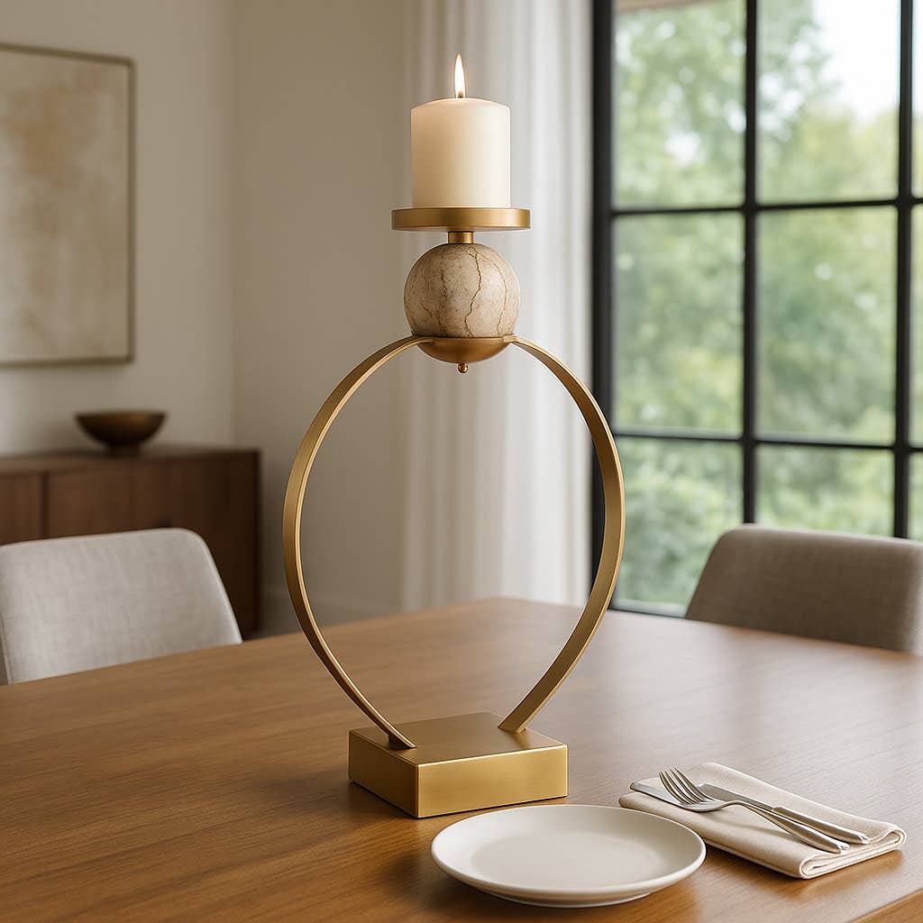 Candle Holder - Gold Metal with Marble Sphere, 21 in.