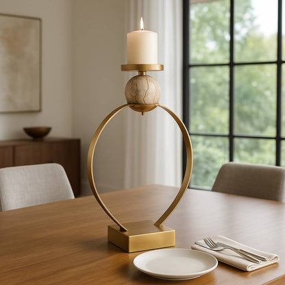 Candle Holder - Gold Metal with Marble Sphere, 21 in.