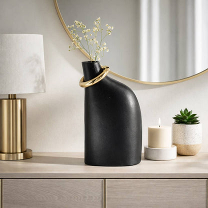 Decorative Vase - Black Ceramic Sculptural Ring, 18 in.