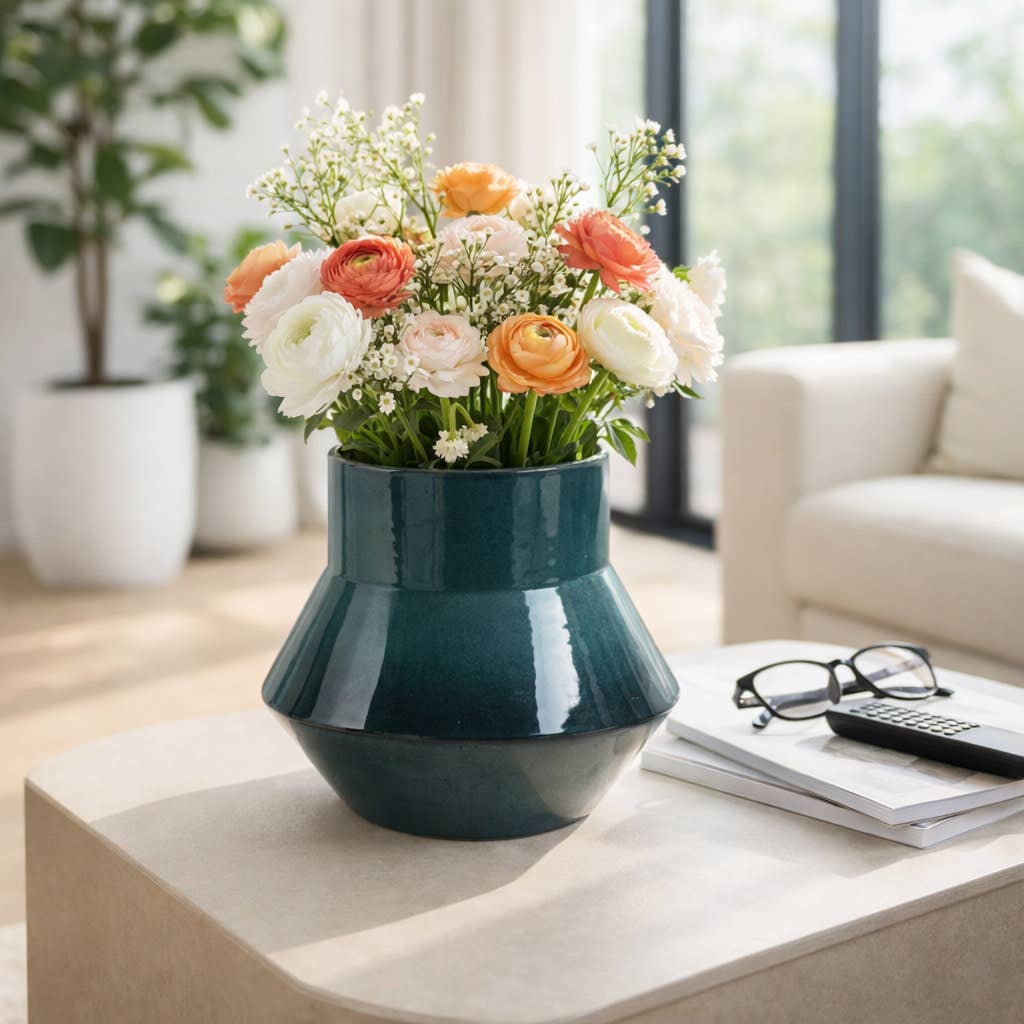 Decorative Vase - Green Ceramic Modern Flared Design, 9 in.
