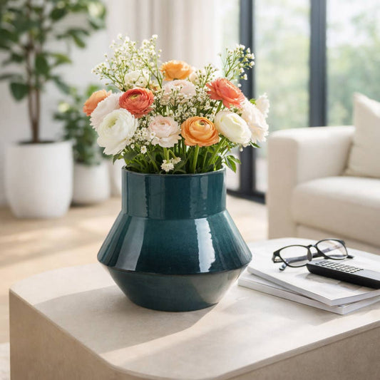 Decorative Vase - Green Ceramic Modern Flared Design, 9 in.