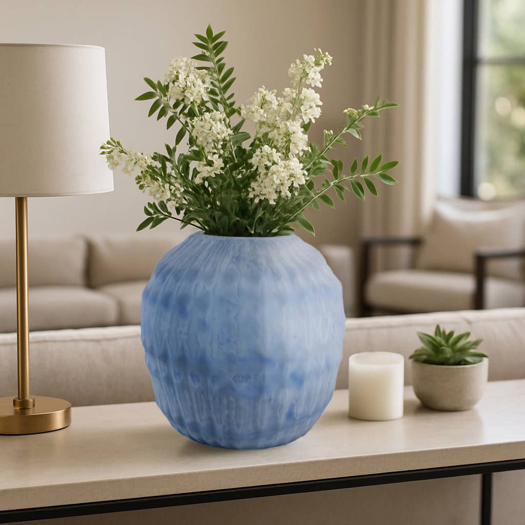 Decorative Vase - Blue Glass Carved Ribbed Pattern, 11 in.