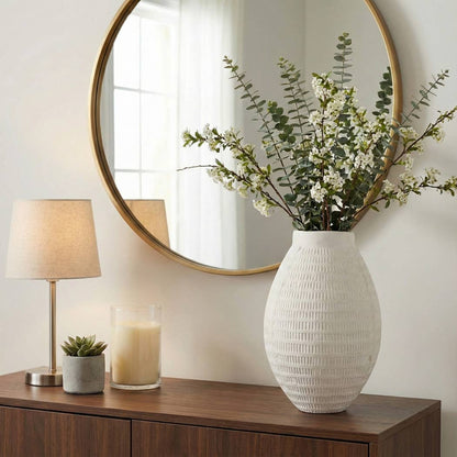 Decorative Vase - White Ceramic Textured Oval Design, 17 in.