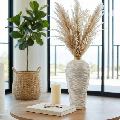 Decorative Vase - White Ceramic Textured Modern, 14 in.