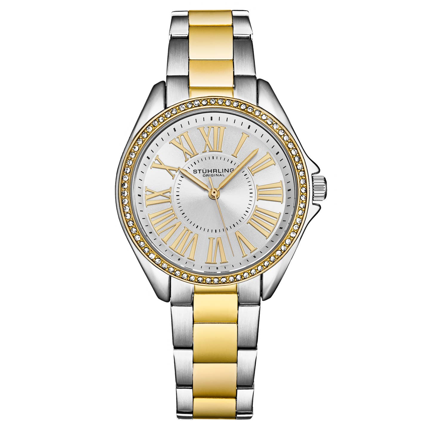 Stuhrling Original The Dynasty 4025 Women's Japanese Quartz Watch, 40mm, Silver Dial, Two-Tone Gold & Silver Bracelet, Crystal-Accented Bezel