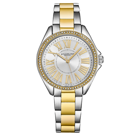 Stuhrling Original The Dynasty 4025 Women's Japanese Quartz Watch, 40mm, Silver Dial, Two-Tone Gold & Silver Bracelet, Crystal-Accented Bezel