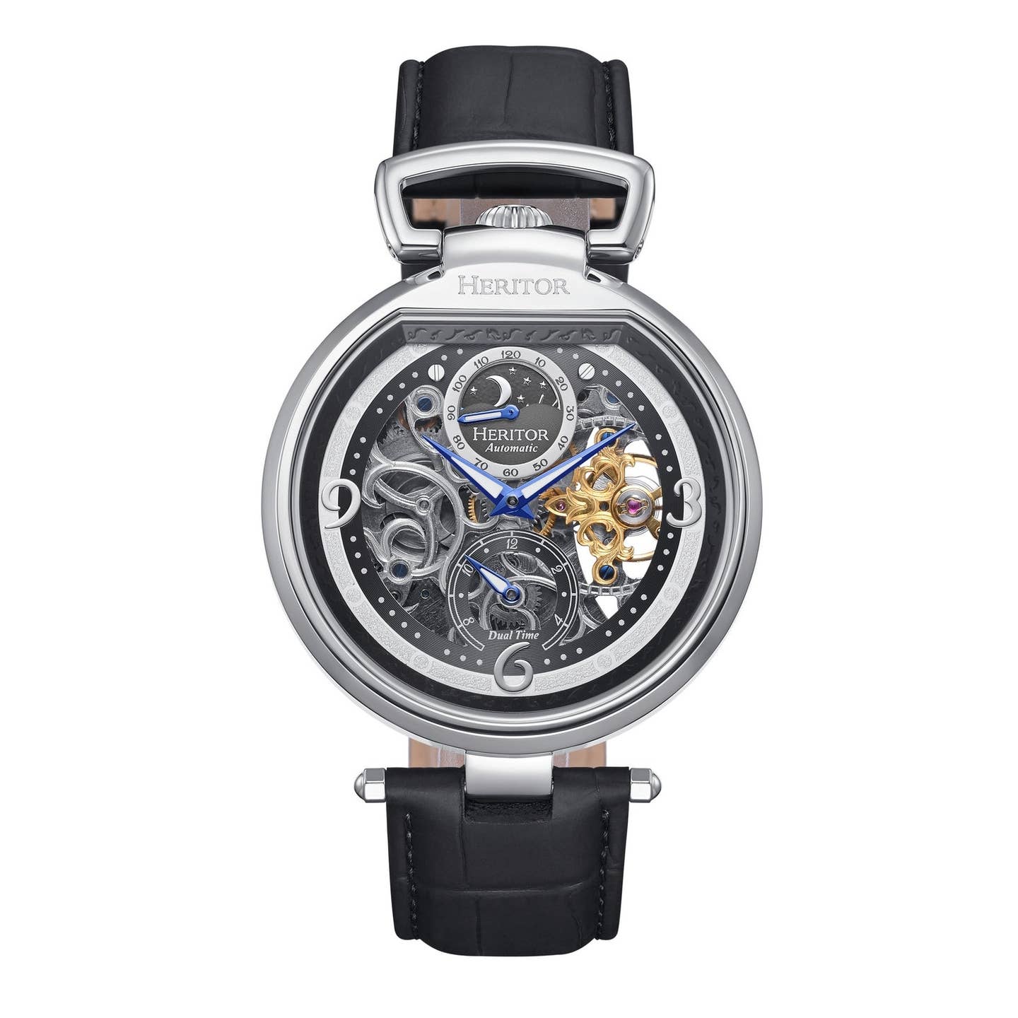 Heritor Lincoln Men's Automatic Semi-Skeleton Leather Watch, Silver/Black