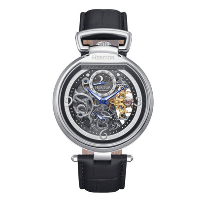 Heritor Lincoln Men's Automatic Semi-Skeleton Leather Watch, Silver/Black
