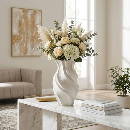 Decorative Vase - Ivory Ceramic Medium Wavy Finish, 20 in.