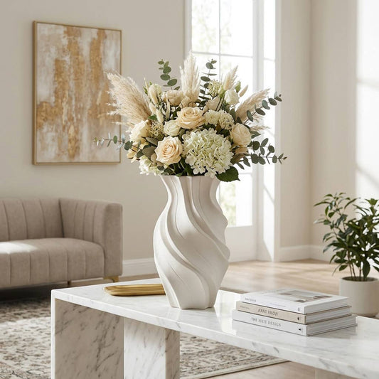Decorative Vase - Ivory Ceramic Medium Wavy Finish, 20 in.