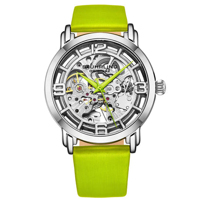 Stuhrling Original Winchester 3982 Women's Automatic Watch, 40mm, Silver Dial, Green Leather Strap, Skeleton Dial