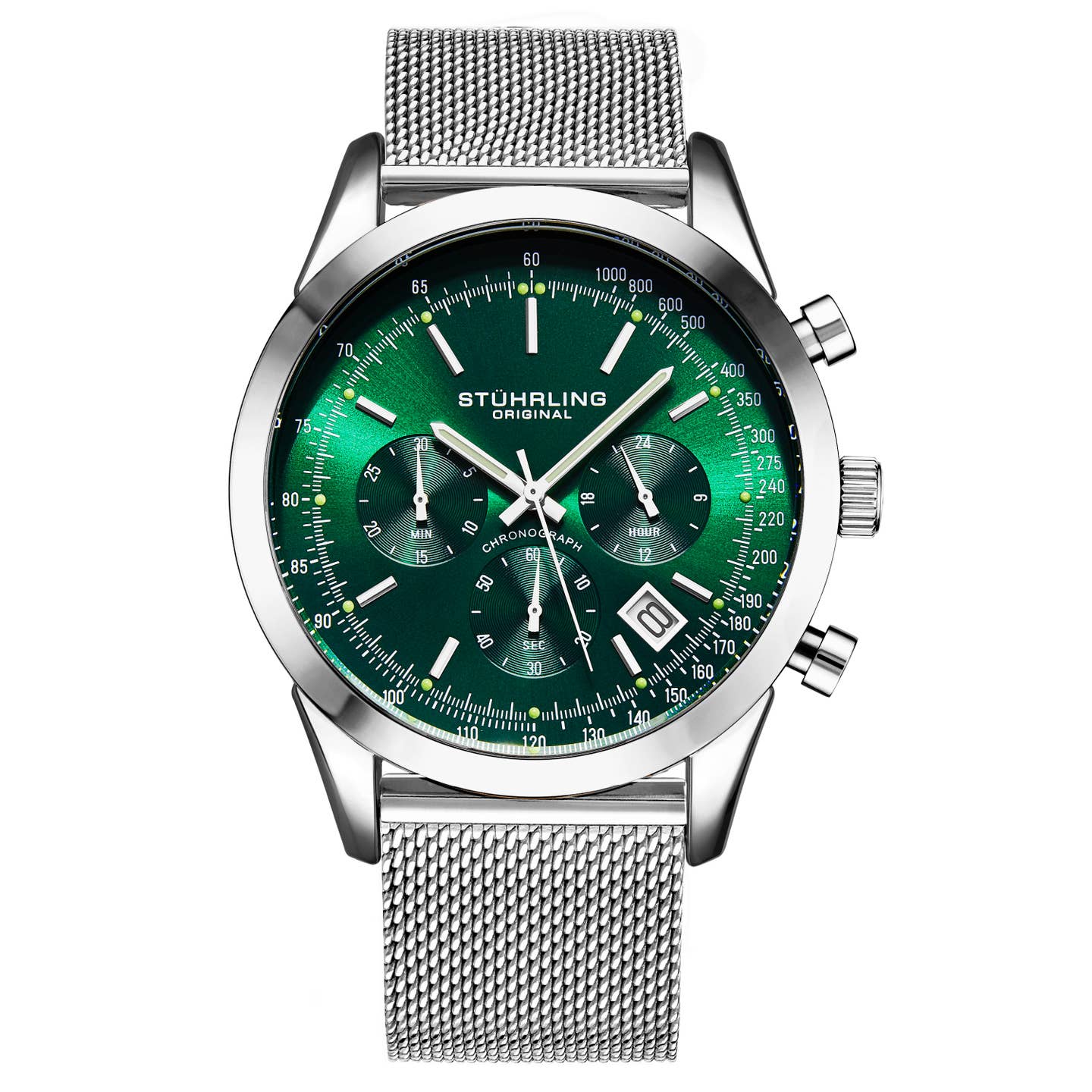 Stuhrling Original Rialto Men's Quartz Chronograph Watch, 44mm, Green Dial, Silver-Tone Case