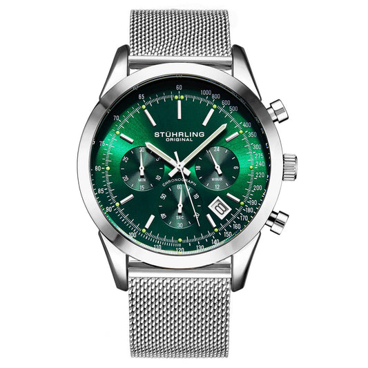 Stuhrling Original Rialto Men's Quartz Chronograph Watch, 44mm, Green Dial, Silver-Tone Case