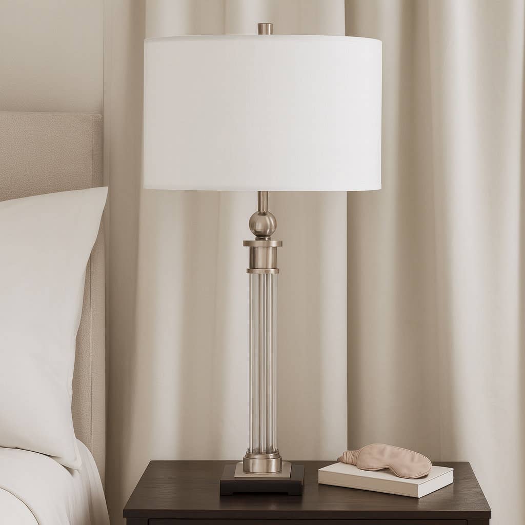 Table Lamp - Clear/Silver Metal Glass Column Base, 29 in.