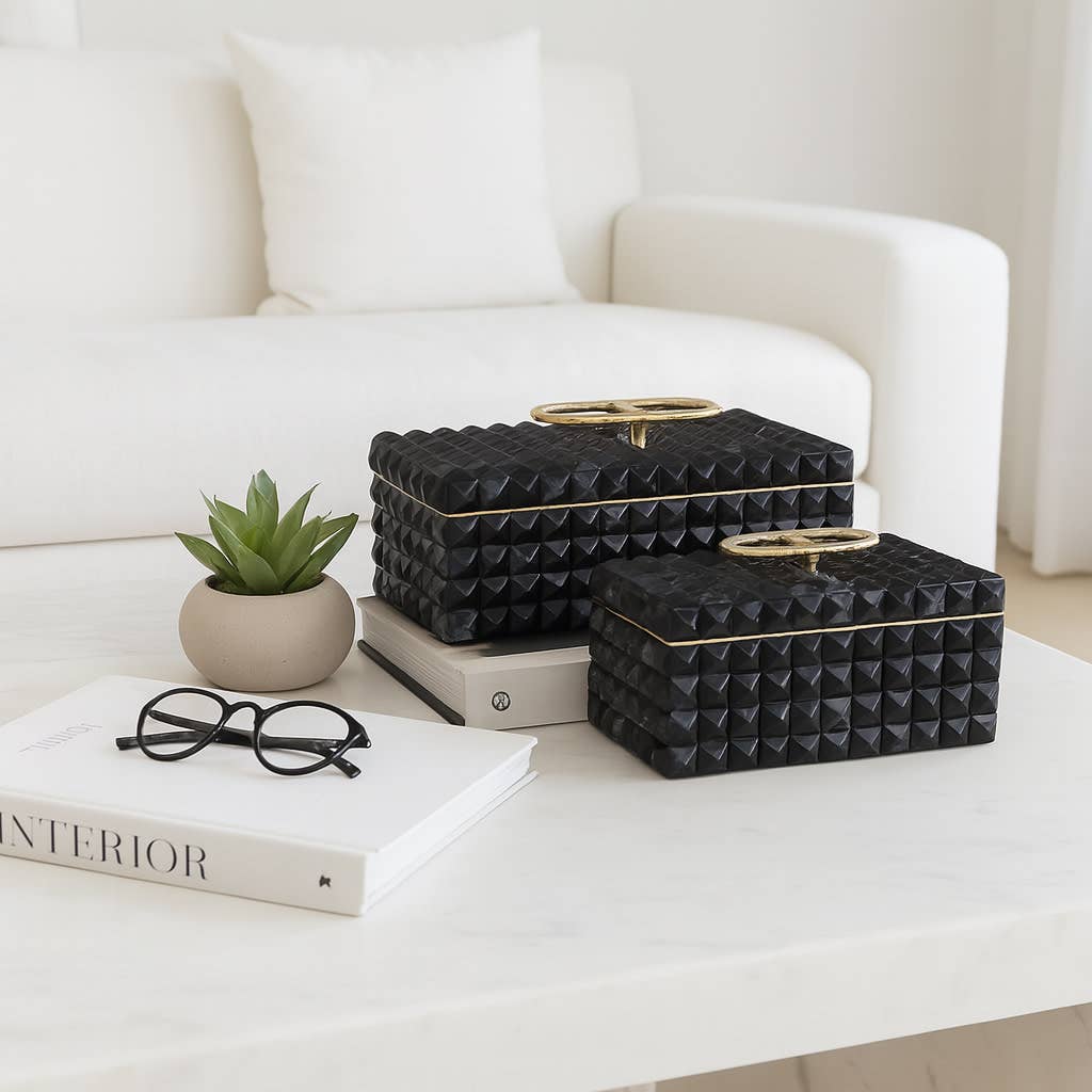 Boxes Set of 2 - Black Wood Resin with Handle, 11/14 in.