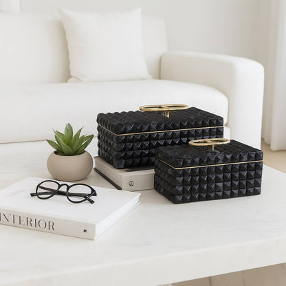 Boxes Set of 2 - Black Wood Resin with Handle, 11/14 in.