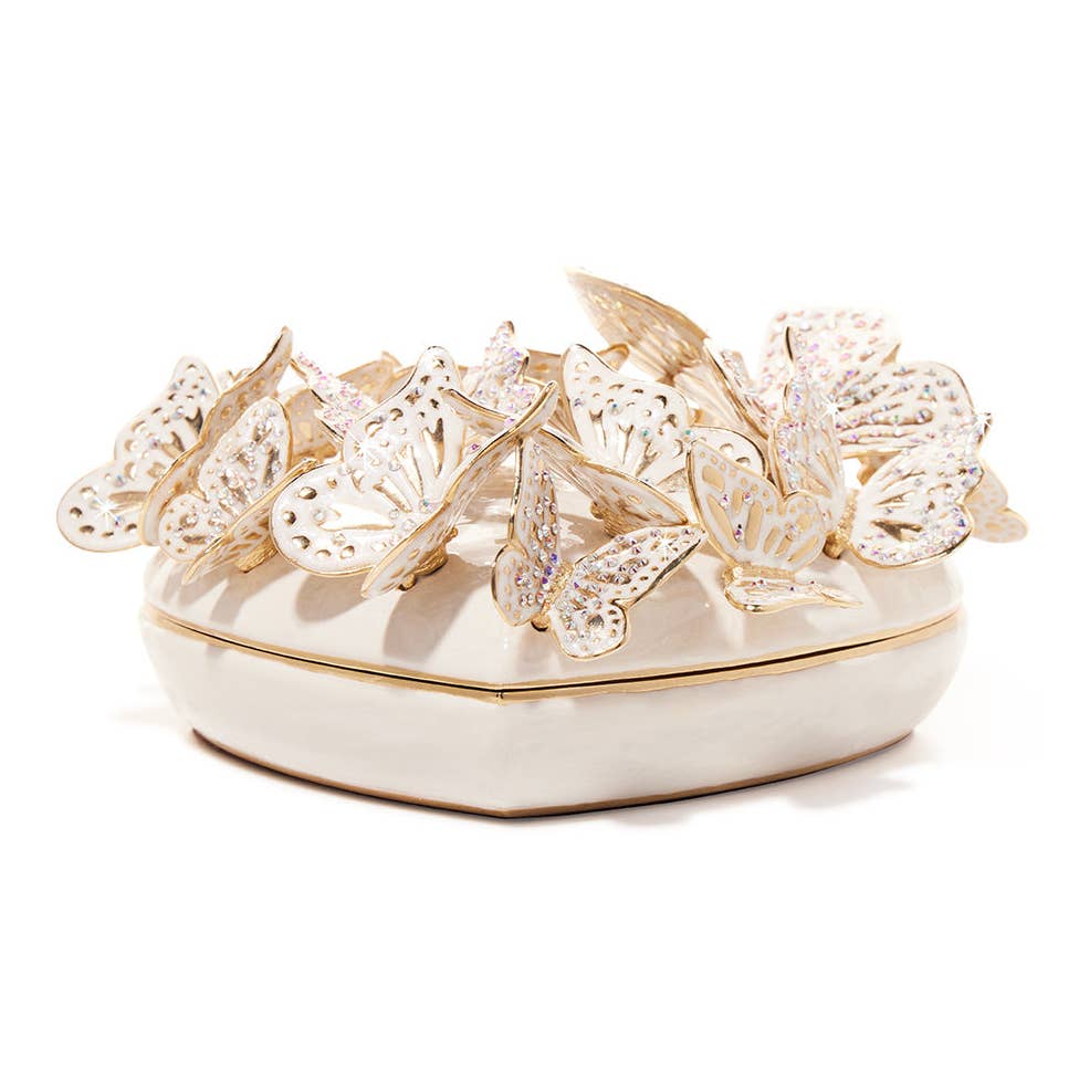 Jay Strongwater Amelia Opal Heart Decorative Box, Gold Butterfly Crystal Enamel Gold-Finished