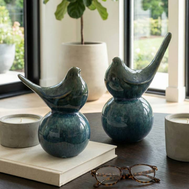 Figurines Set of 2 - Blue Ceramic Decorative Birds, 7/9 in.