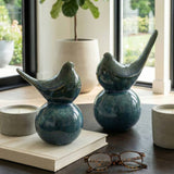 Figurines Set of 2 - Blue Ceramic Decorative Birds, 7/9 in.