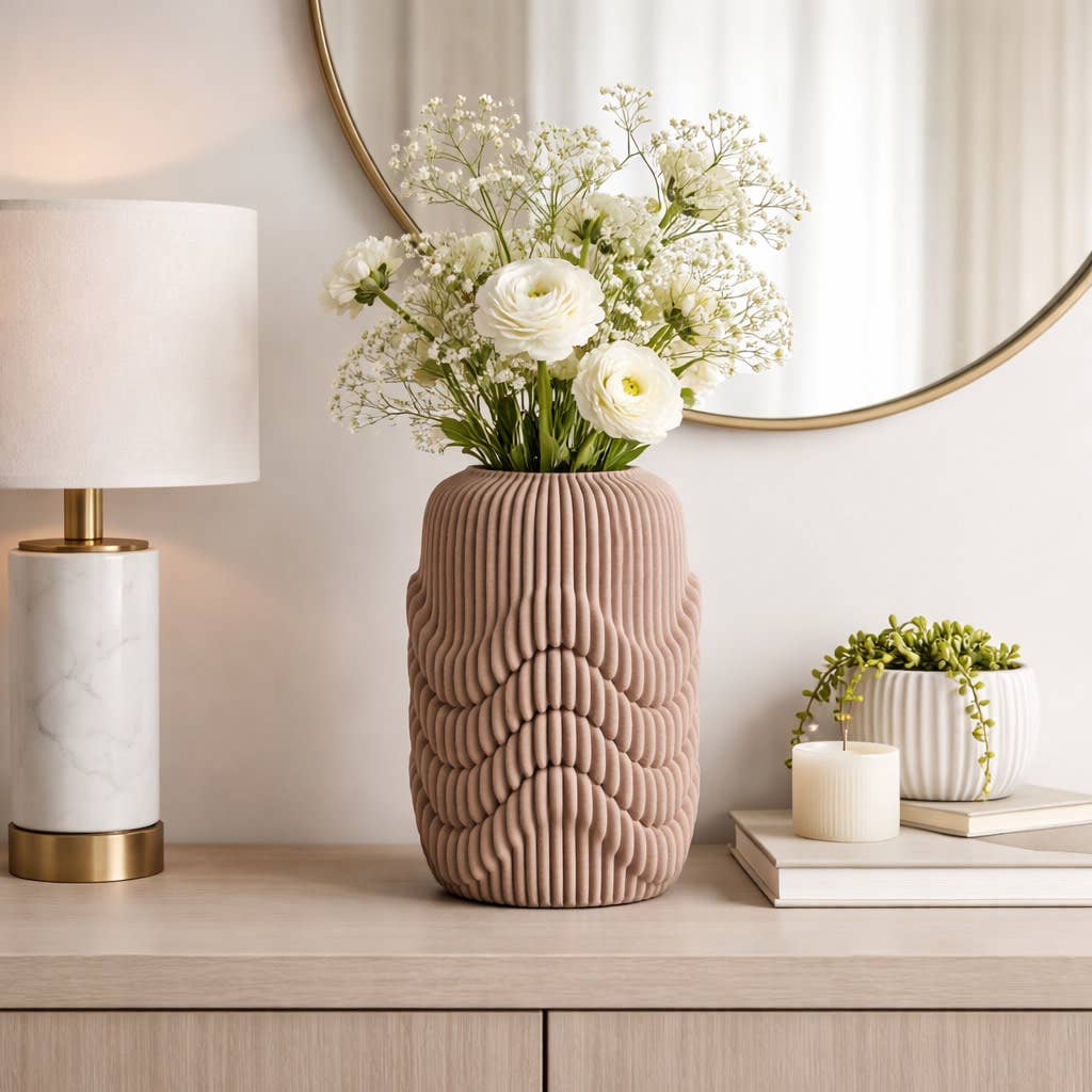 Decorative Vase - Brown Porcelain Ribbed 3D Printed, 12 in.