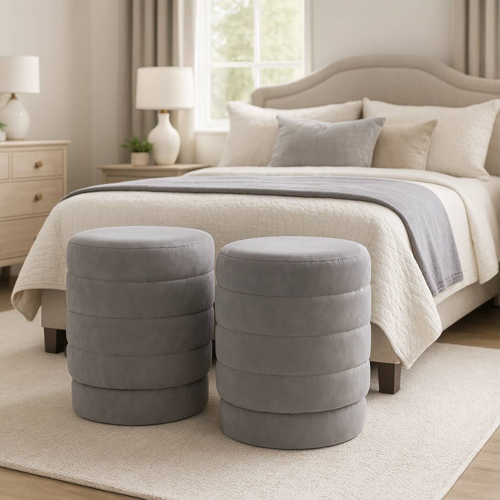 Ottoman Stool - Gray Wood Round Stylish Foot Rest, 19 in.
