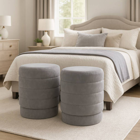 Ottoman Stool - Gray Wood Round Stylish Foot Rest, 19 in.