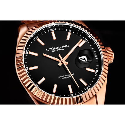 Stuhrling Original Lineage Men's Quartz Classic Watch, 42mm, Black Dial, Rose Gold-Tone Bracelet