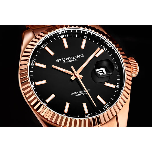 Stuhrling Original Lineage Men's Quartz Classic Watch, 42mm, Black Dial, Rose Gold-Tone Bracelet