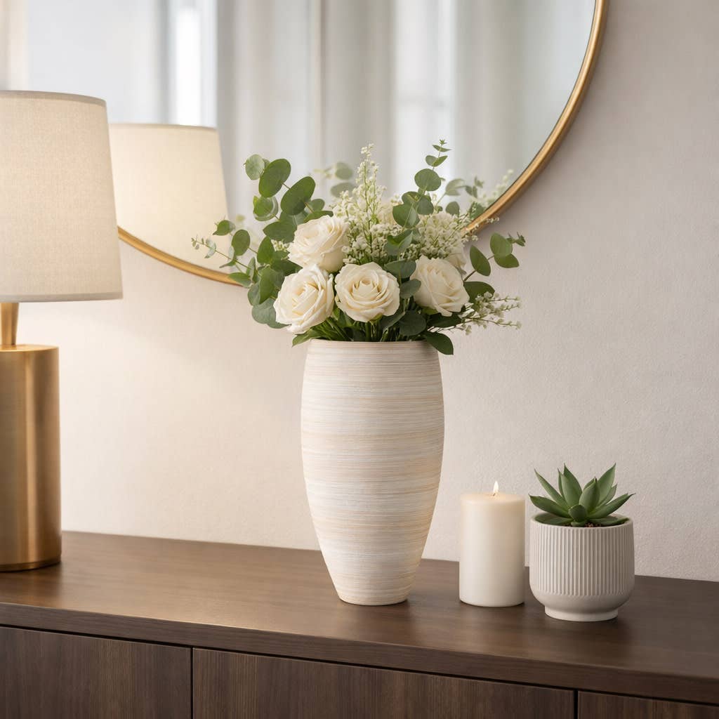 Decorative Vase - Ivory Porcelain 3D Printed Curved, 14 in.