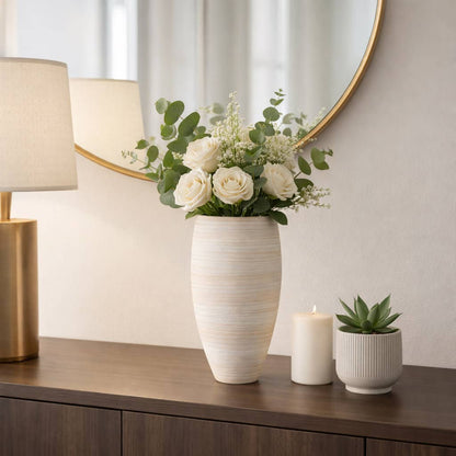 Decorative Vase - Ivory Porcelain 3D Printed Curved, 14 in.