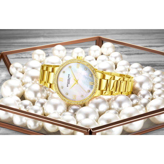 Stuhrling Original Carrara 3907 Women's Quartz Watch, 38mm, Silver Mother-of-Pearl Dial, Gold-Tone Bracelet, Crystal-Accented Bezel